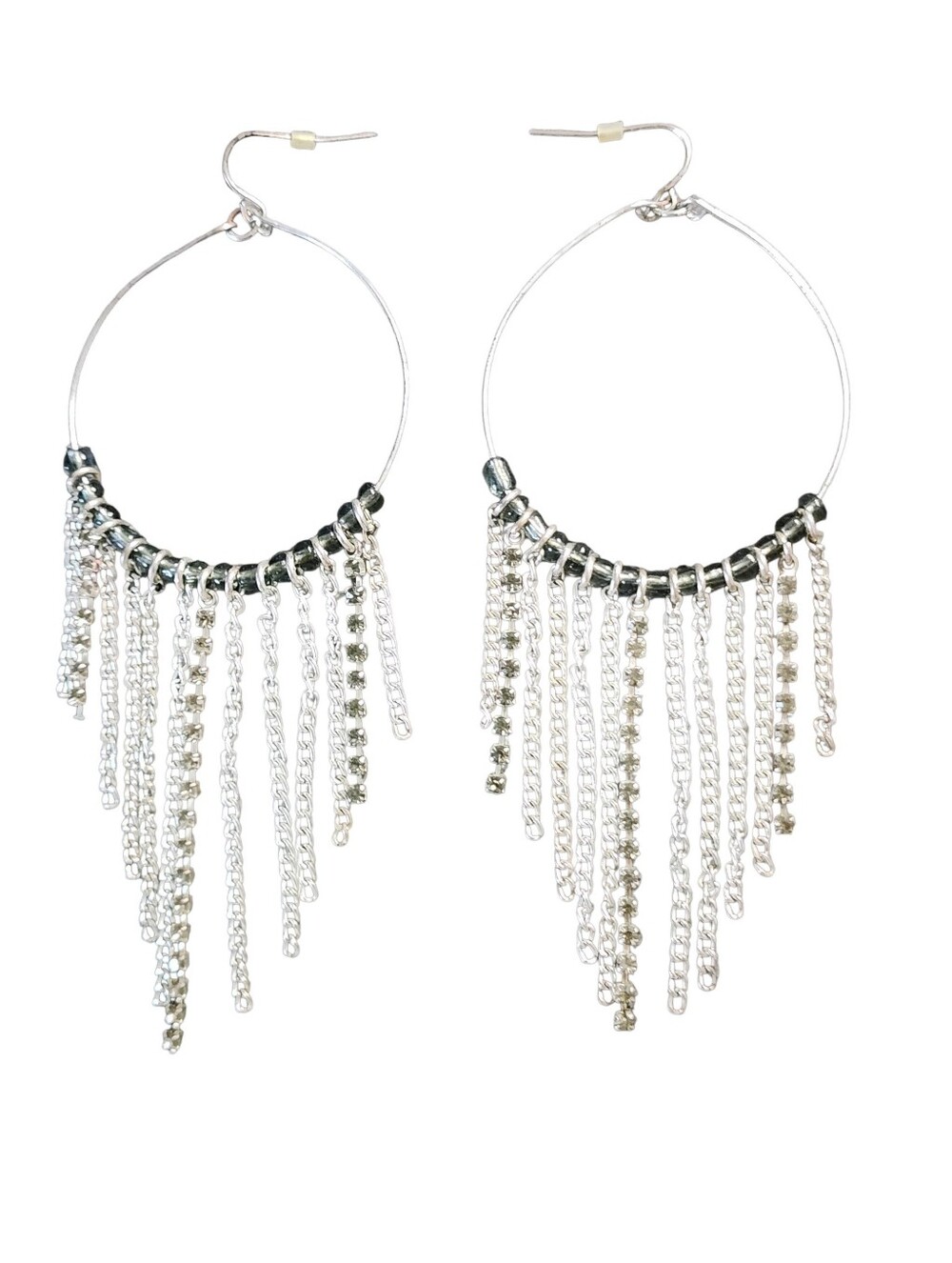 Silvertone Hoop Earrings Rhinestones Fringe